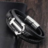 Punk Stainless Steel Anchor Bracelets Genuine Leather Bracelet & Bangles for Men Black
