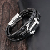Punk Stainless Steel Anchor Bracelets Genuine Leather Bracelet & Bangles for Men Black