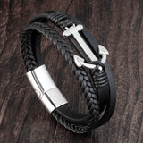 Punk Stainless Steel Anchor Bracelets Genuine Leather Bracelet & Bangles for Men Black