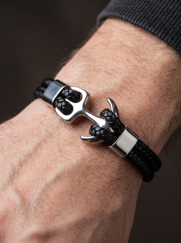 Punk Stainless Steel Anchor Bracelets Genuine Leather Bracelet & Bangles for Men Black - color 2 / 21cm