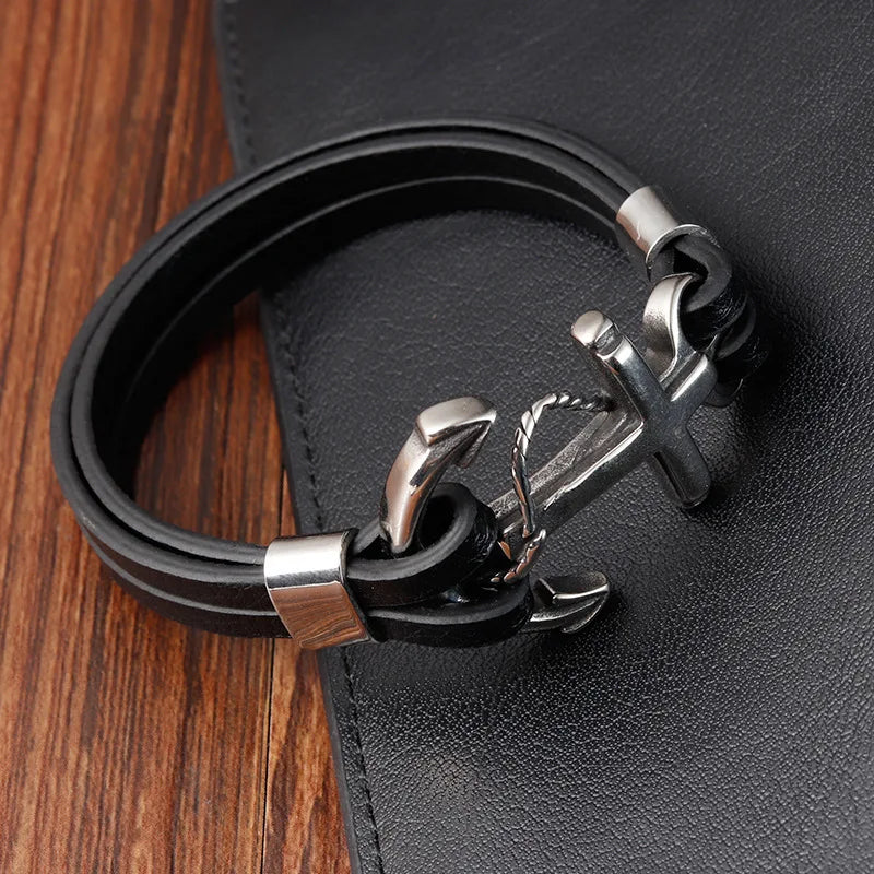 Bracelet Ancre Homme Cuir Noir Vintage avec Détails en Acier Inoxydable - 21CM