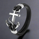 Bracelet Ancre Homme Cuir Noir Vintage avec Détails en Acier Inoxydable - 21CM