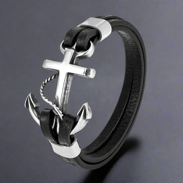 Bracelet Ancre Homme Cuir Noir Vintage avec Détails en Acier Inoxydable - 21CM