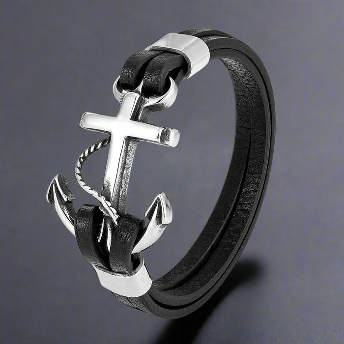 Bracelet Ancre Homme Cuir Noir ACIER VINTAGE