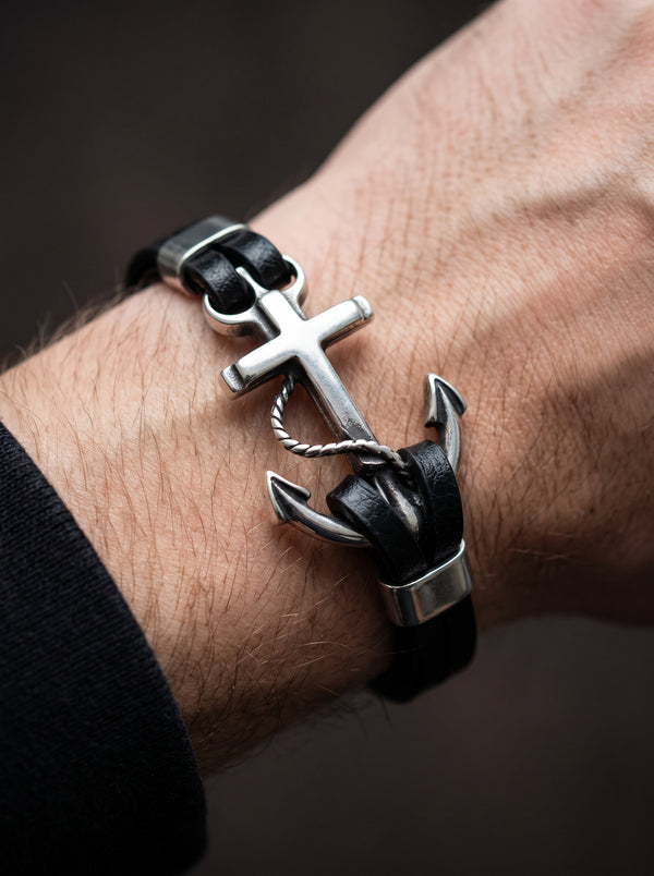 Bracelet Ancre Homme Cuir Noir Vintage avec Détails en Acier Inoxydable - 21CM