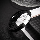 Bracelet Ancre Homme Cuir Noir Tressé avec Fermoir Métallique - silver