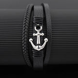 Bracelet Ancre Homme Cuir Noir Tressé avec Fermoir Métallique - silver