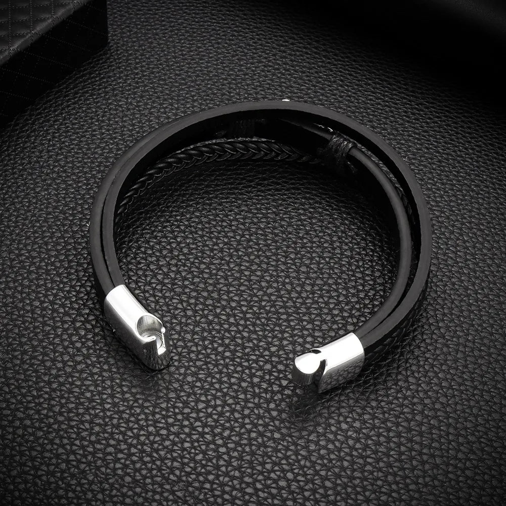 Bracelet Ancre Homme Cuir Noir Tressé avec Fermoir Métallique - silver