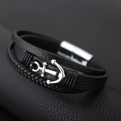 Bracelet Ancre Homme Cuir Noir Tressé FERMOIR MAGNETIQUE