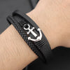 Bracelet Ancre Homme Cuir Noir Tressé avec Fermoir Métallique - silver