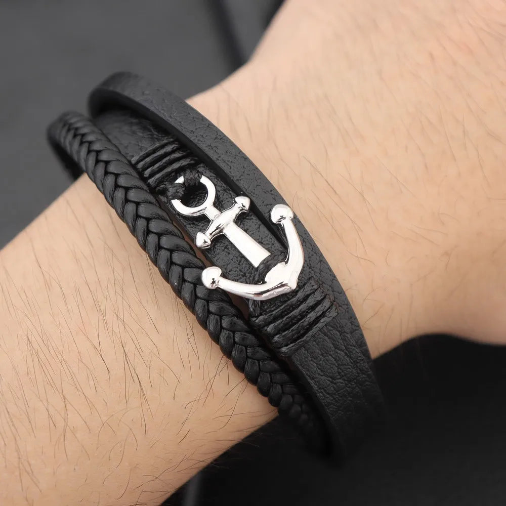 Bracelet Ancre Homme Cuir Noir Tressé avec Fermoir Métallique - silver