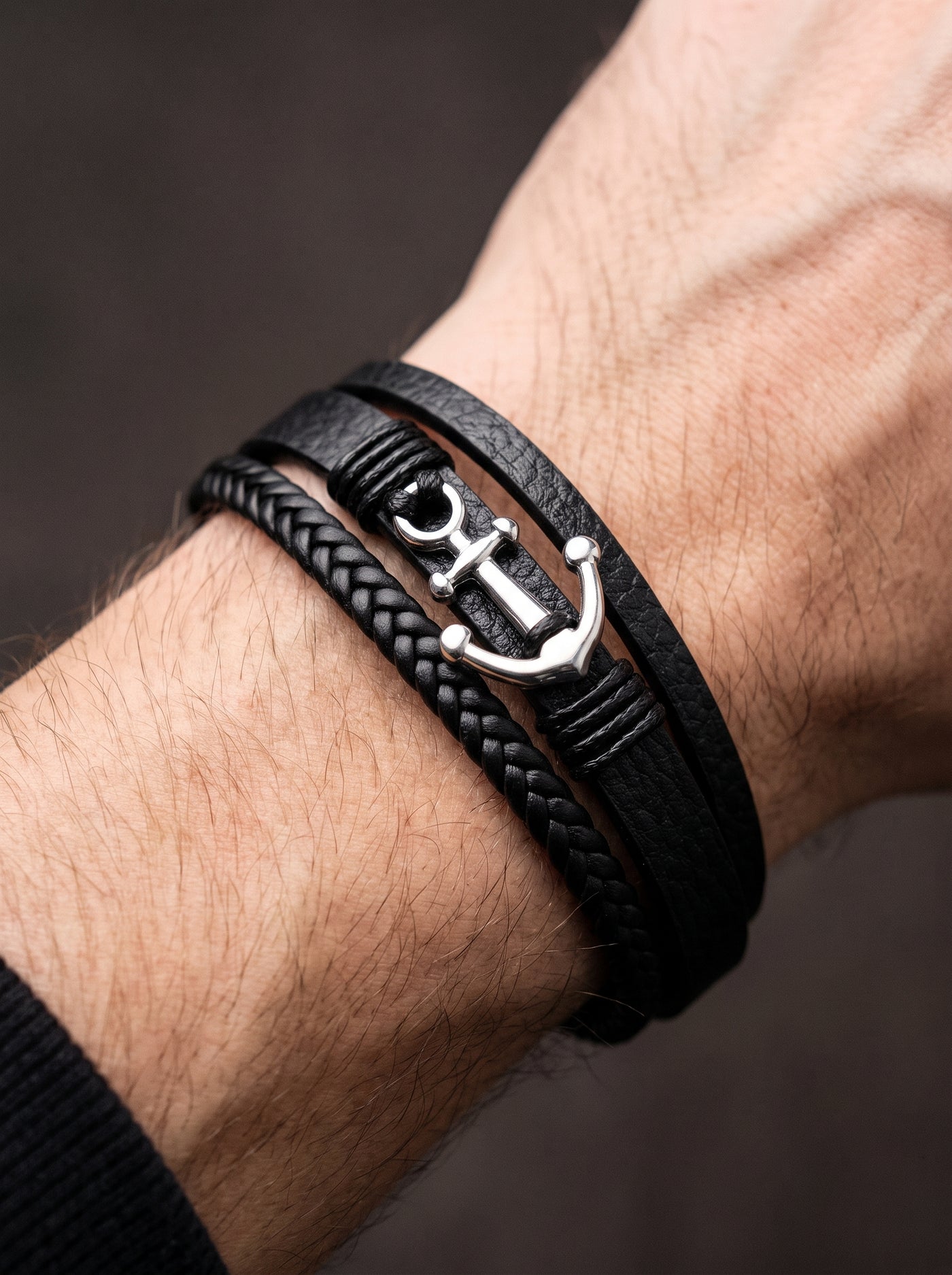 Bracelet Ancre Homme Cuir Noir Tressé FERMOIR MAGNETIQUE