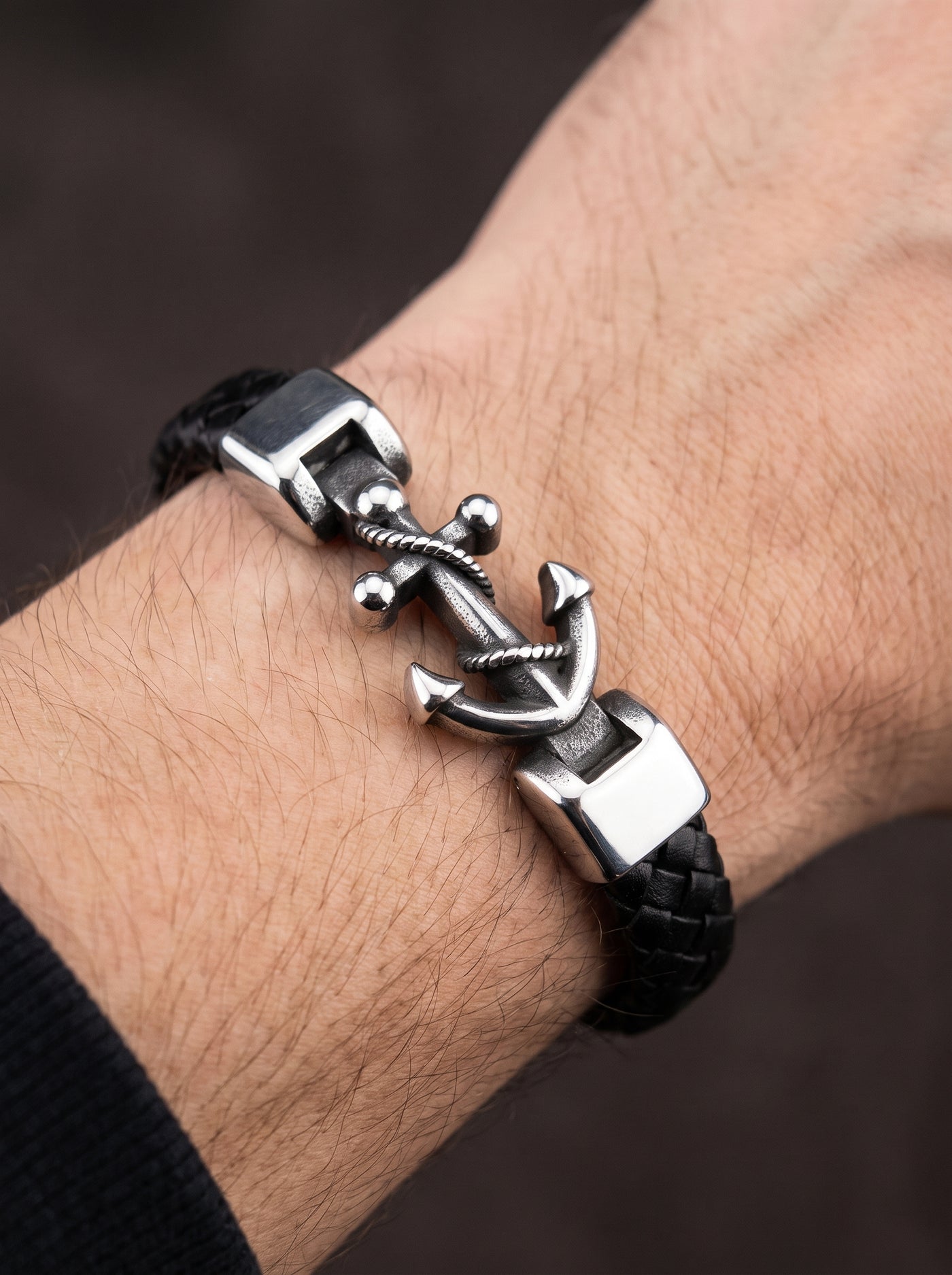 Bracelet Ancre Homme CUIR NOIR VERITABLE