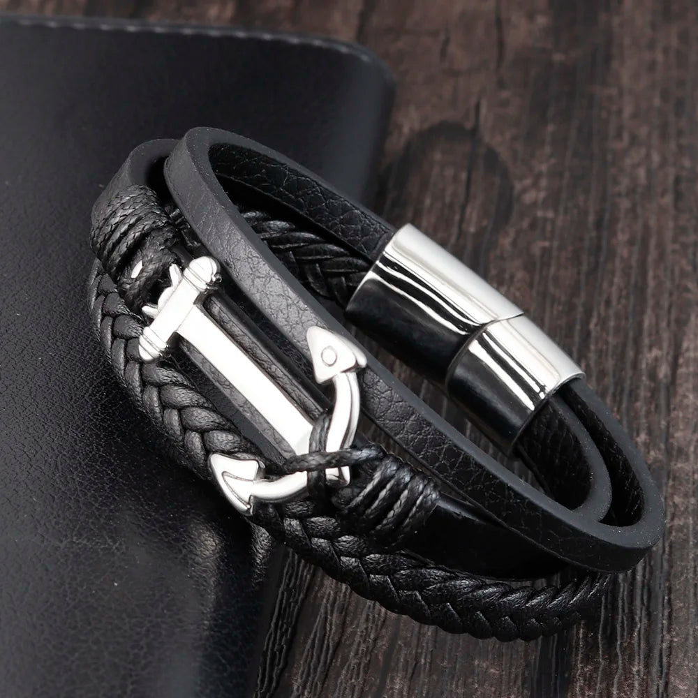 Bracelet Ancre Homme Cuir Tressé NOIR