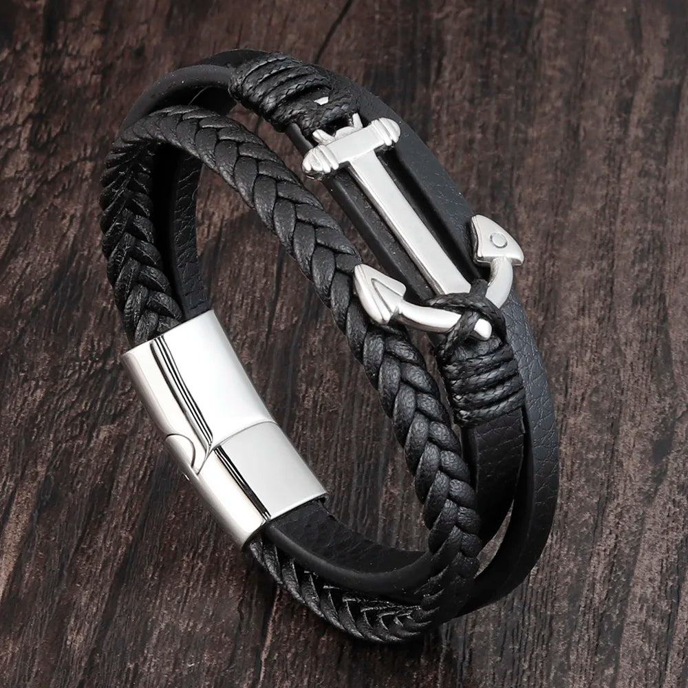 Bracelet Ancre Homme Cuir Tressé NOIR