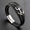 Bracelet Ancre Homme Cuir Tressé Noir Acier AVENTURIER - 21cm