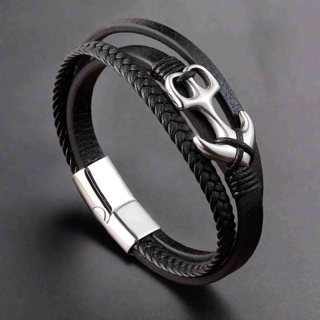 Bracelet Ancre Homme Cuir Tressé Noir Acier AVENTURIER - 21cm