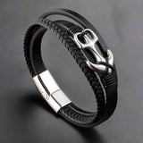Bracelet Ancre Homme Cuir Tressé Noir Acier AVENTURIER - 21cm