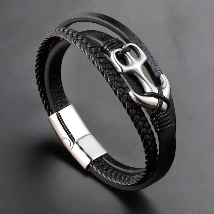 Bracelet Ancre Homme Cuir Tressé Noir Acier AVENTURIER