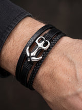 Bracelet Ancre Homme Cuir Tressé Noir Acier AVENTURIER portee lifestyle Stag