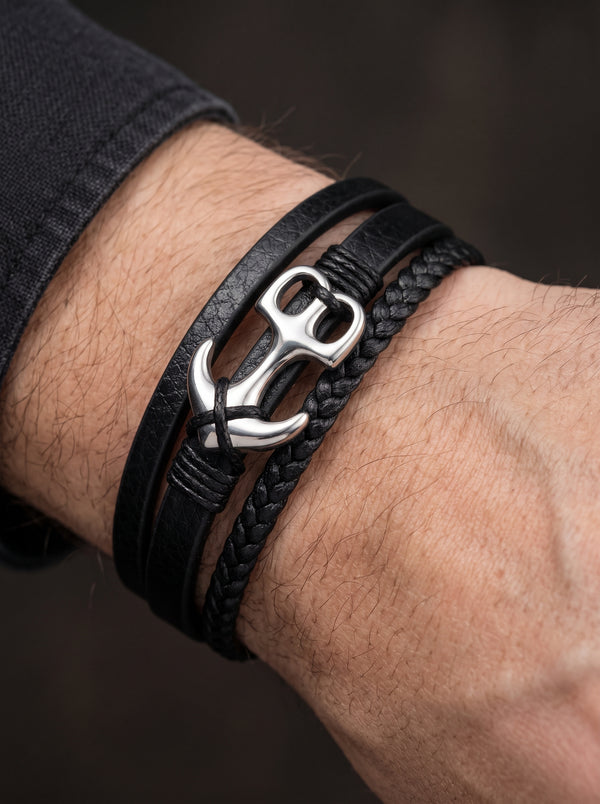 Bracelet Ancre Homme Cuir Tressé Noir Acier AVENTURIER - 21cm