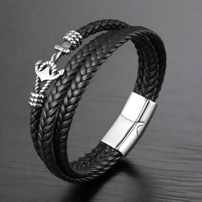 Bracelet Ancre Homme Cuir Tressé Noir ACIER INOXYDABLE