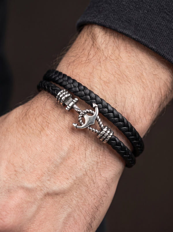 Bracelet Ancre Homme Cuir Tressé Noir ACIER INOXYDABLE - 21cm