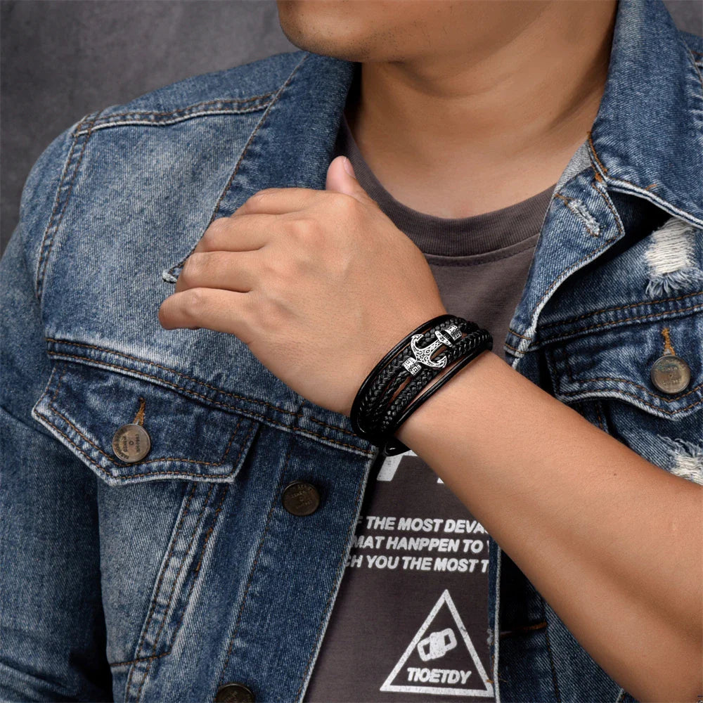 Bracelet Ancre Homme Cuir Tressé Noir RUNES VIKING