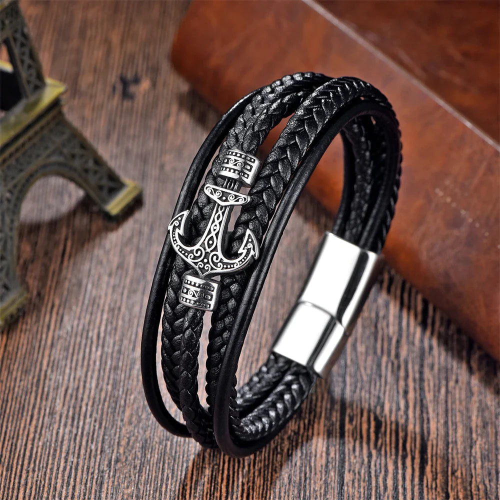 Bracelet Ancre Homme Cuir Tressé Noir RUNES VIKING - 23cm