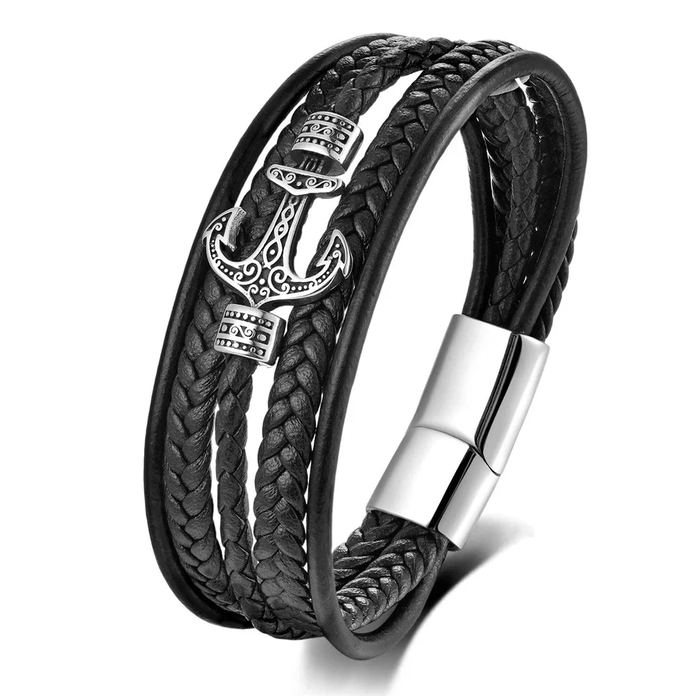 Bracelet Ancre Homme Cuir Tressé Noir RUNES VIKING