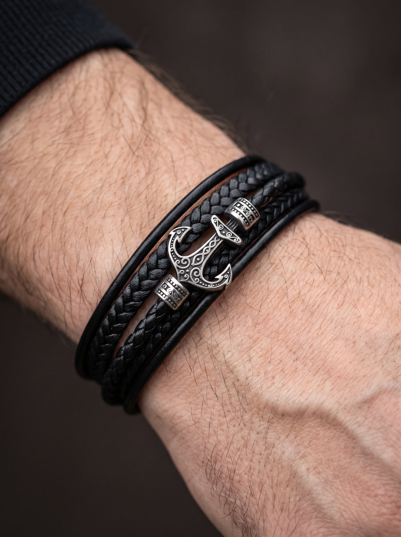 Bracelet Ancre Homme Cuir Tressé Noir RUNES VIKING