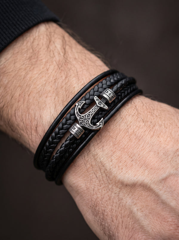 Bracelet Ancre Homme Cuir Tressé Noir RUNES VIKING
