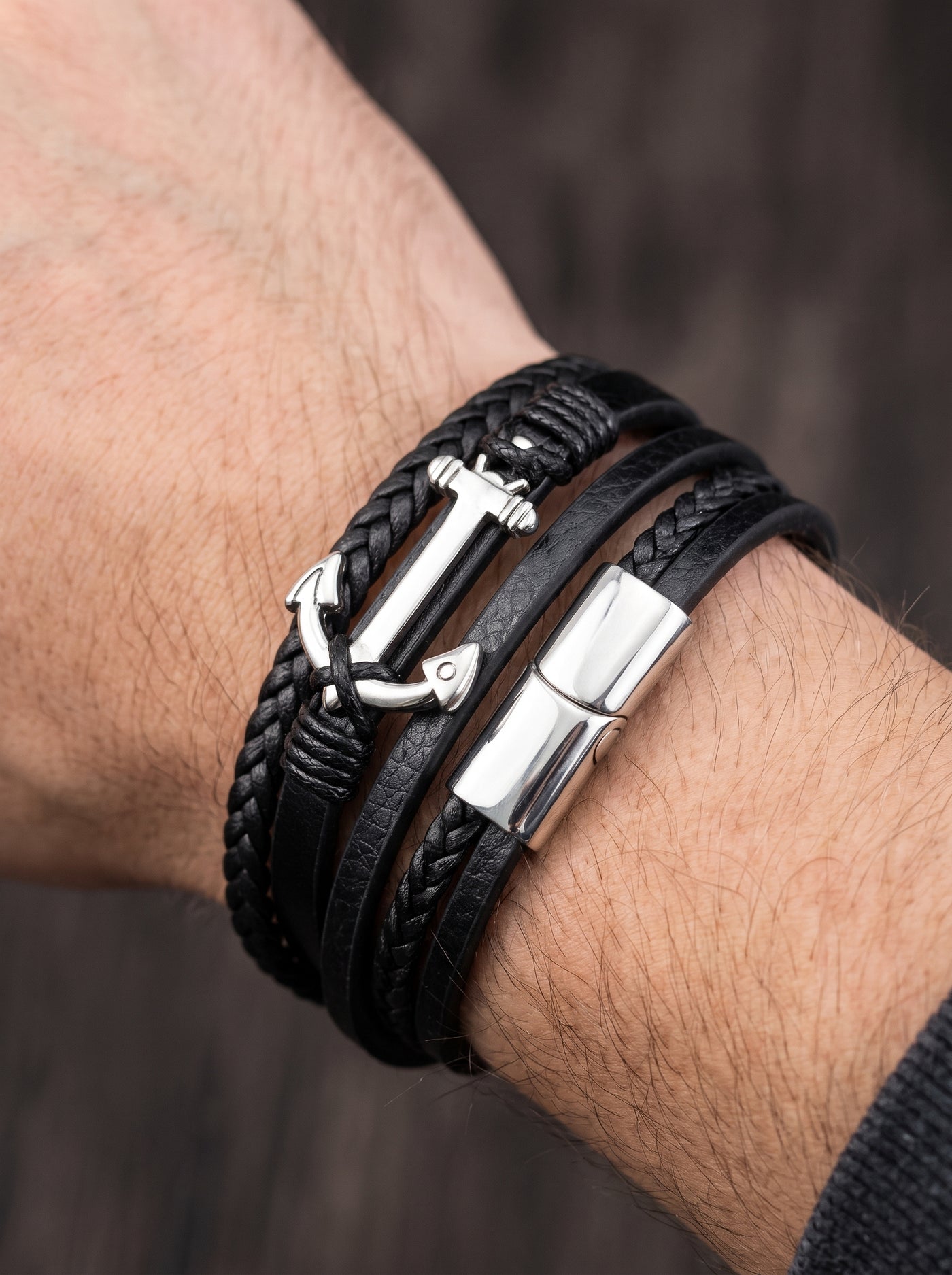Bracelet Ancre Homme Cuir Tressé NOIR
