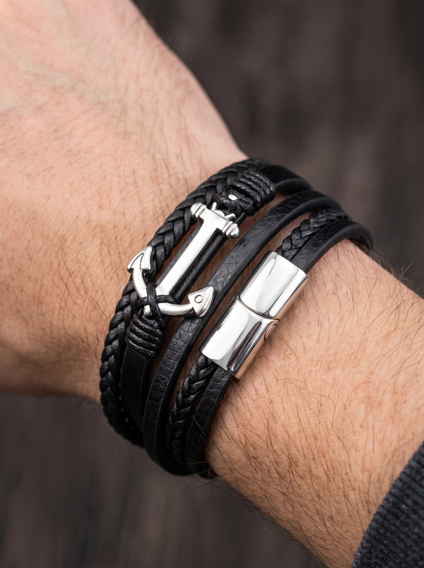 Bracelet Ancre Homme Cuir Tressé NOIR - 19cm
