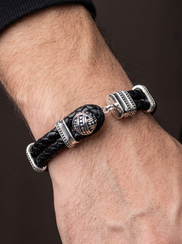 Ball Leather Cuff Bracelets In Silver For Men Punk - 22cm