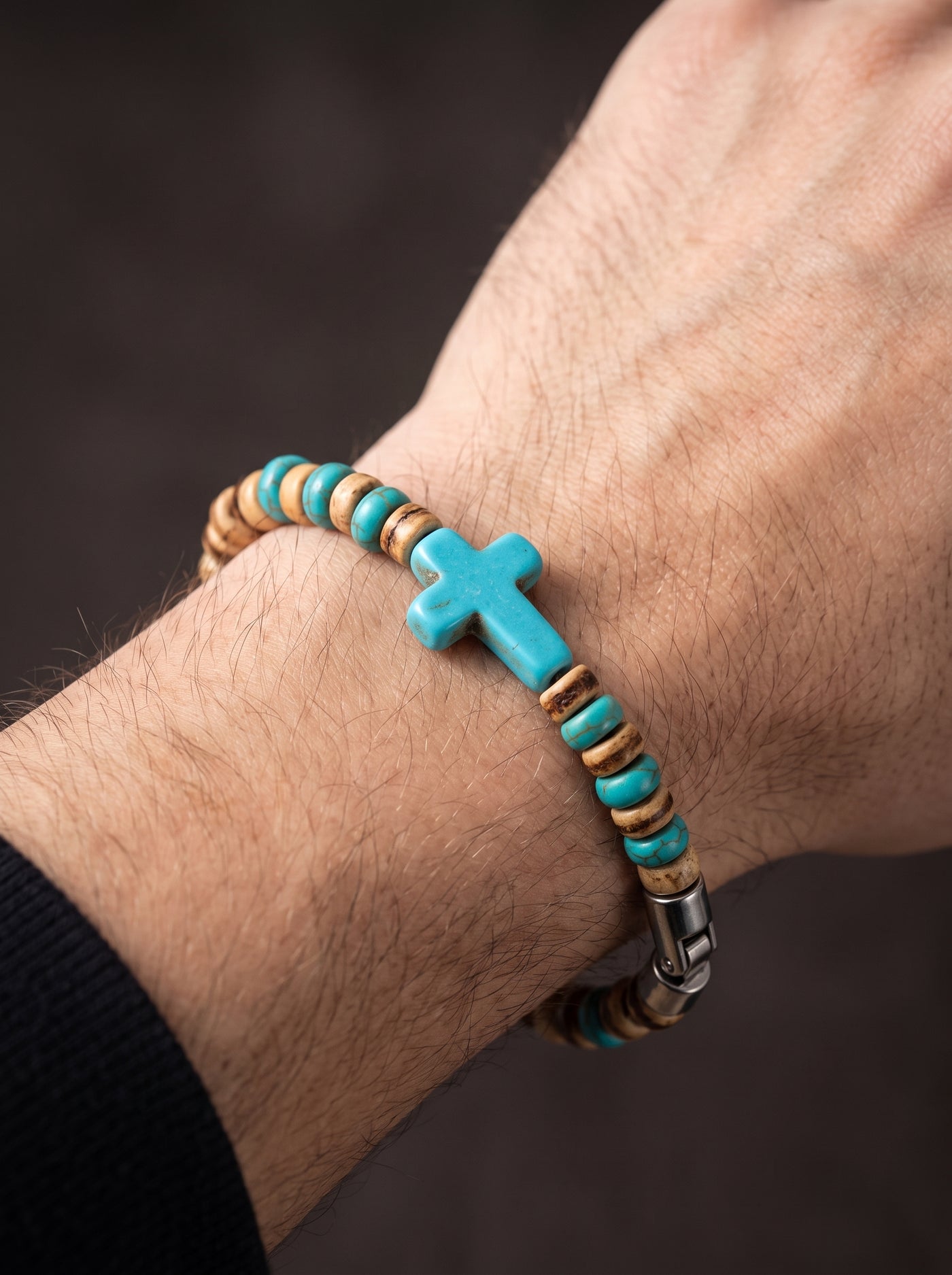 Bracelet Homme Perle BOIS NATUREL CROIX TURQUOISE