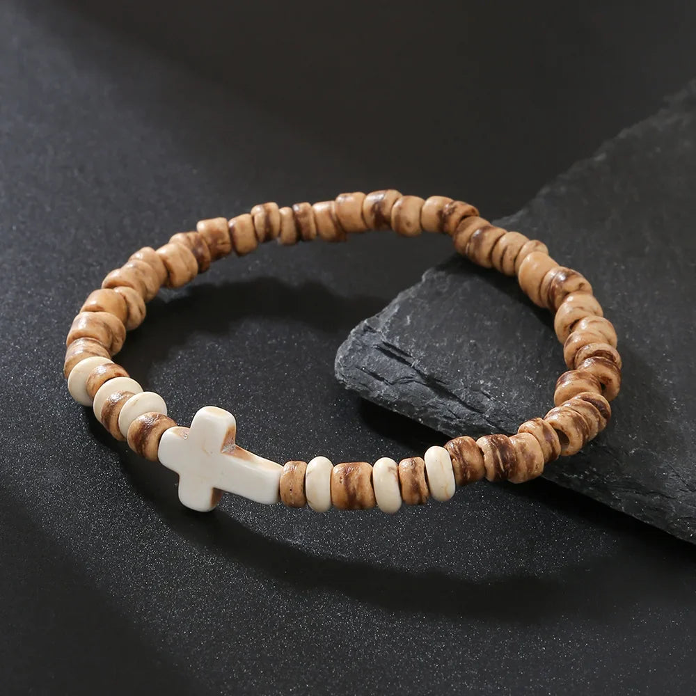 Bracelet Homme Perle CROIX CHRETIENNE BOIS