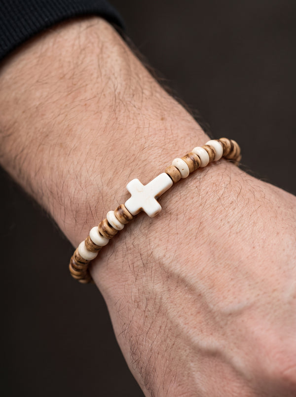 Bracelet Homme Perle CROIX CHRETIENNE BOIS
