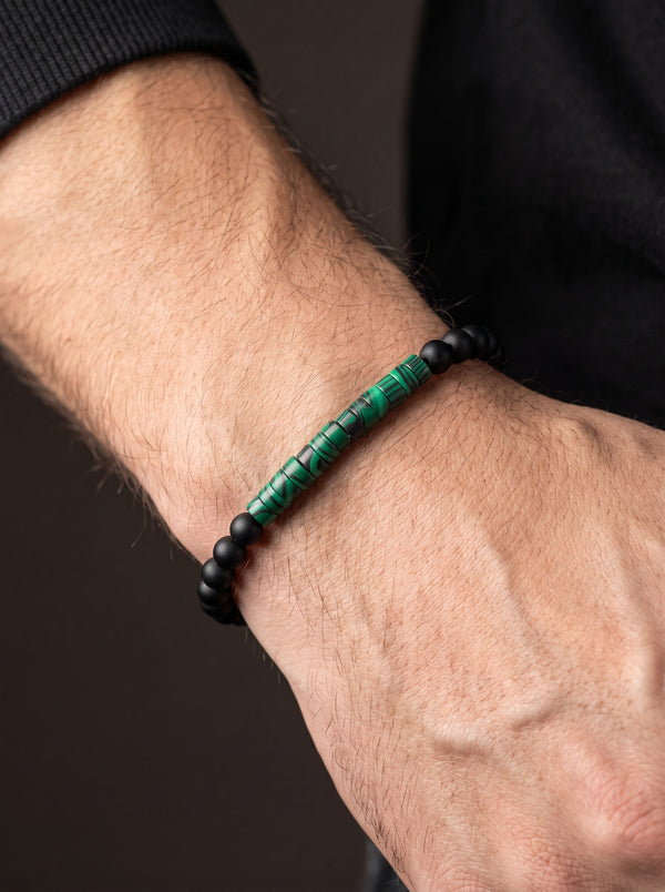 Bracelet Homme Perle NOIRE EN ONYX ET MALACHITE