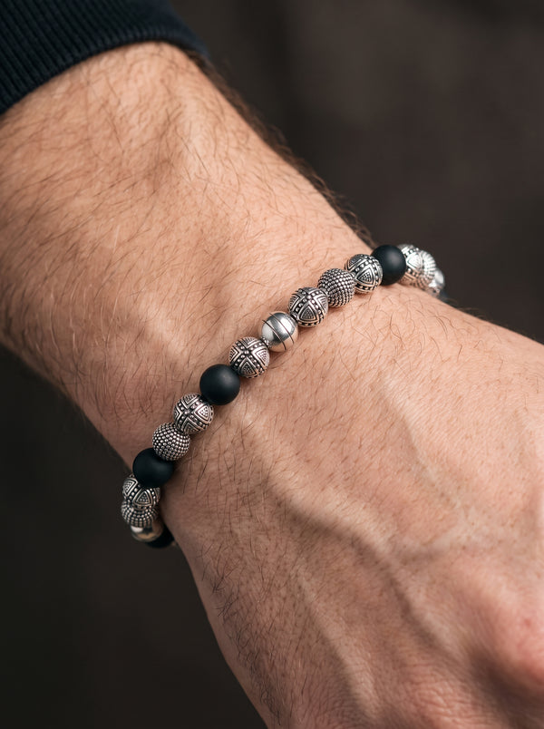 Bracelets Cross Beads & Obsidian For Rebel Men Masculine acier inoxydable Jewelry - 16cm
