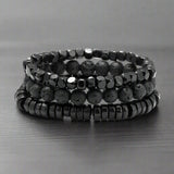 Hematite Volcanic Stone Wood Beads Charm Men’s Combo Set Elastic Bracelet Multi-layered - Style 2