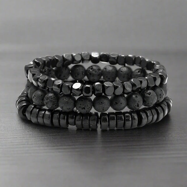 Hematite Volcanic Stone Wood Beads Charm Men’s Combo Set Elastic Bracelet Multi-layered - Style 2