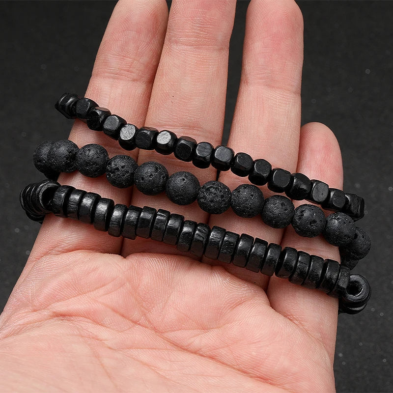 Hematite Volcanic Stone Wood Beads Charm Men’s Combo Set Elastic Bracelet Multi-layered - Style 2