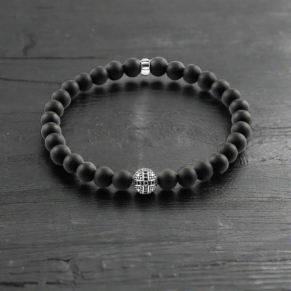Black Pearl Obsidian Karma Bracelets Cross Bead 925 Sterling Silver - 22cm
