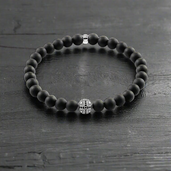 Black Pearl Obsidian Karma Bracelets Cross Bead 925 Sterling Silver - 22cm