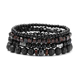 Hematite Volcanic Stone Wood Beads Men’s Combo Set Elastic Bracelet Multi-layered - Style 1