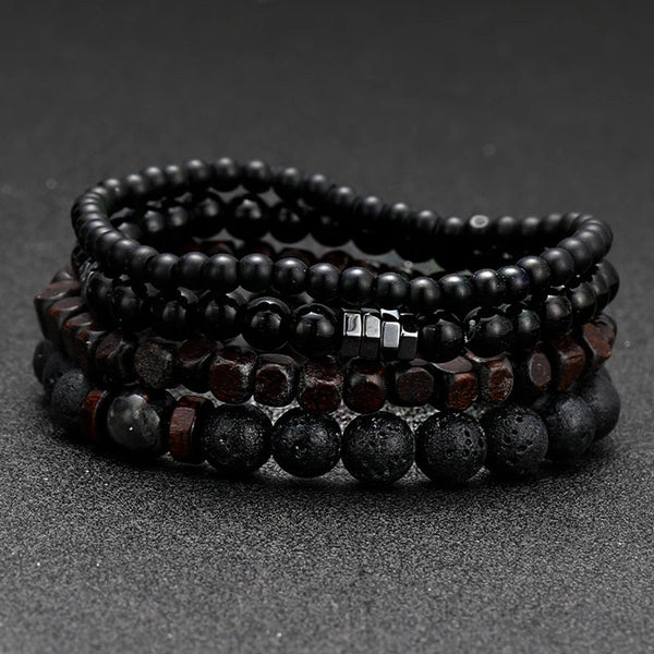 Hematite Volcanic Stone Wood Beads Men’s Combo Set Elastic Bracelet Multi-layered - Style 1
