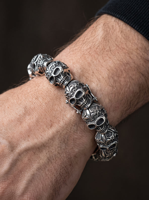 Bracelets Fleur-de-lis Skull Punk Bead Silver Men - 16cm