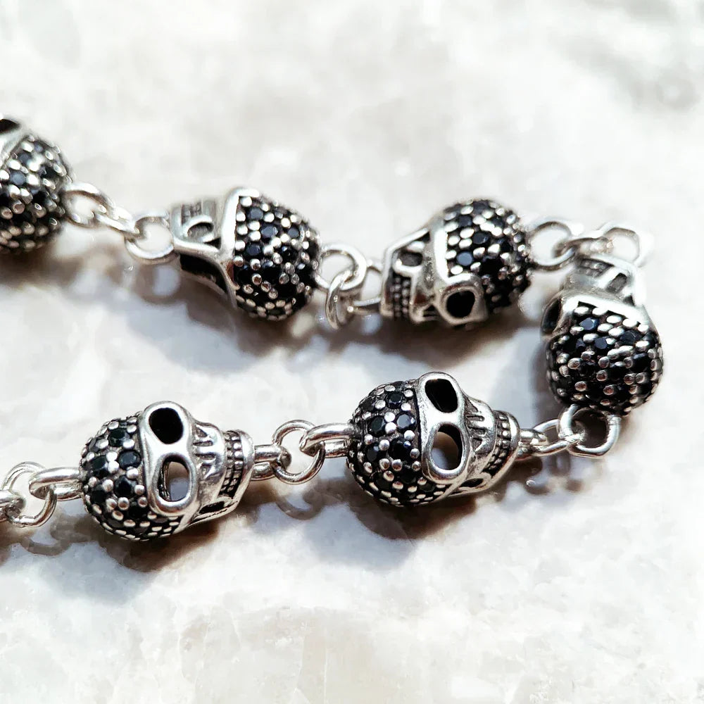Skull Pave Link Chain Bracelet For Men Pure 925 Sterling Silver Punk Jewelry - black