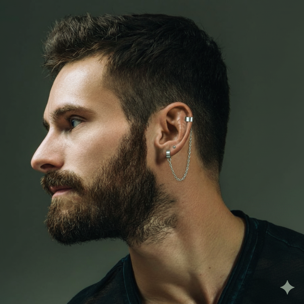 Un homme brun porte  des ear cuff avec chaine au style punk argentée